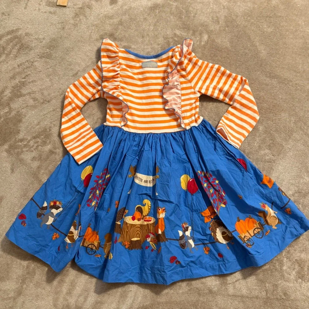 Eleanor Rose Girls Thanksgiving Dress Size 6 Orange Blue Woodland Ruffle